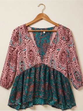 Floreat Anthropologie Velvet Burnout Top Womens M Sheer Paisley Boho Festival